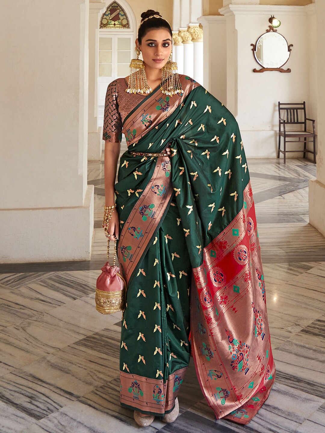 

Mitera Woven Design Zari Art Silk Paithani Saree, Green