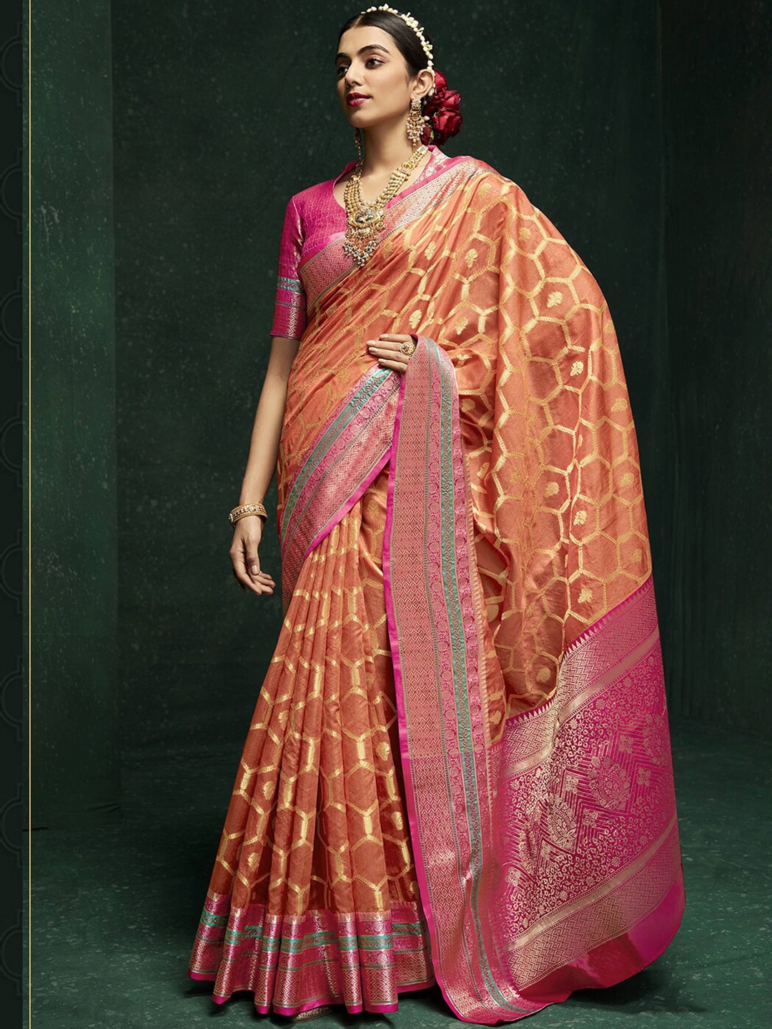 

Mitera Orange & Magenta Woven Design Zari Banarasi Saree