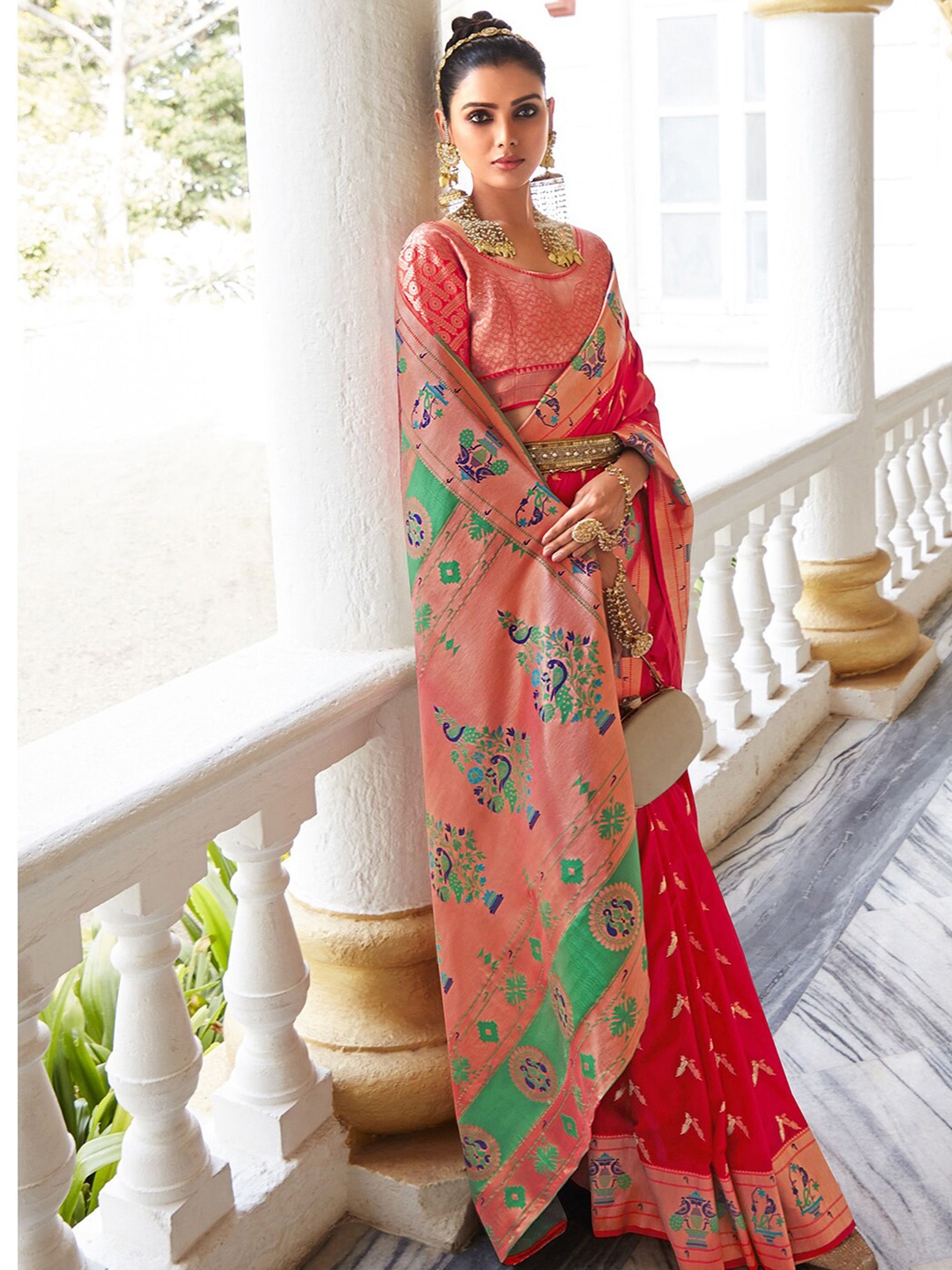 

Mitera Red Ethnic Motif Woven Design Zari Paithani Saree
