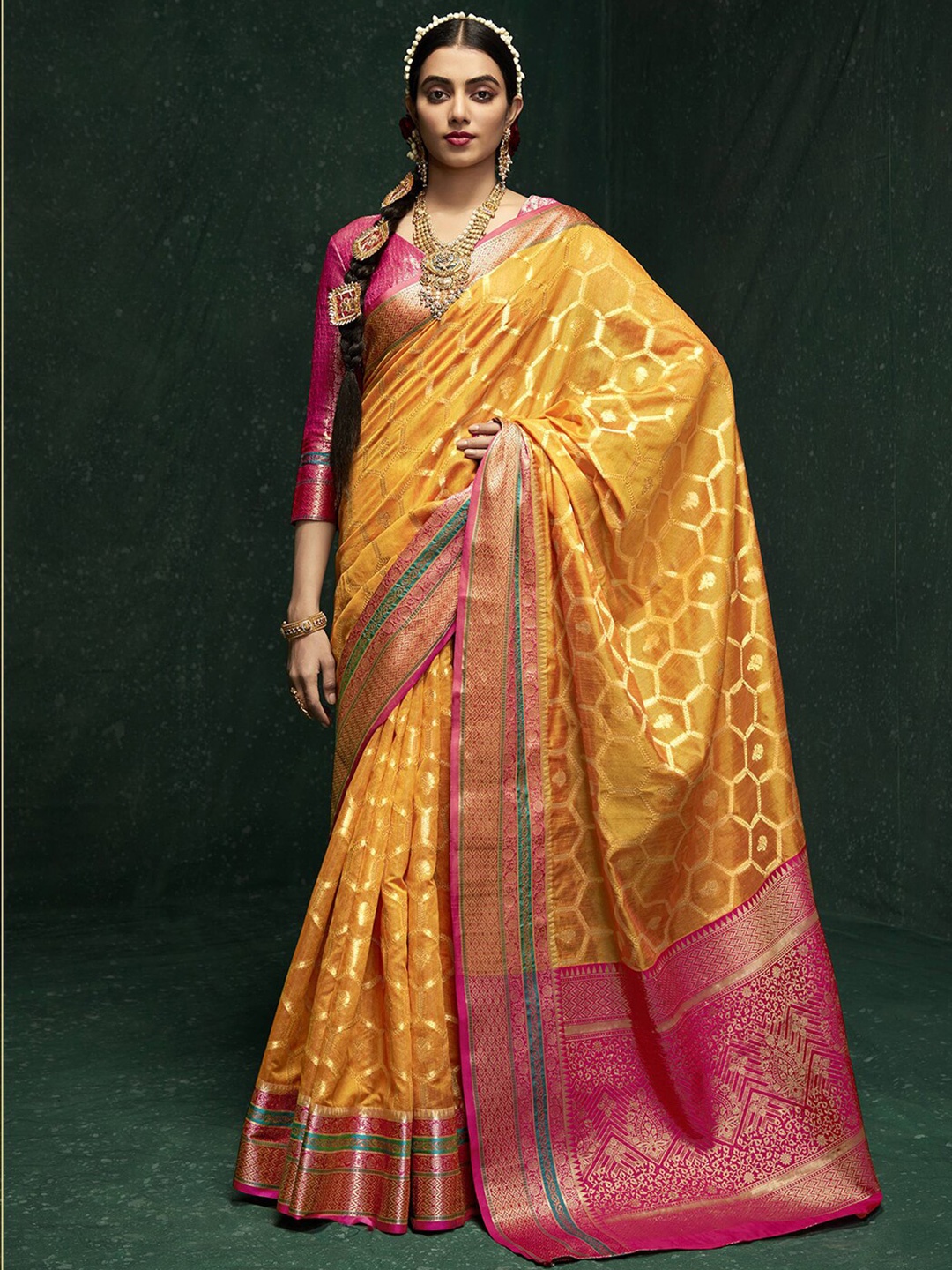 

Mitera Woven Design Zari Banarasi Saree, Yellow