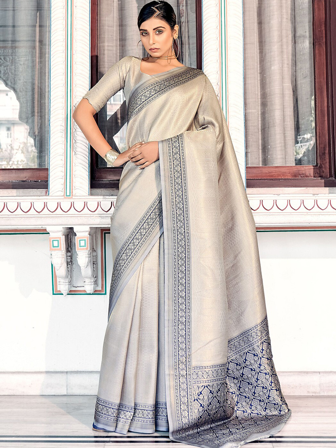 

Mitera Grey & Silver-Toned Woven Design Zari Kanjeevaram Saree