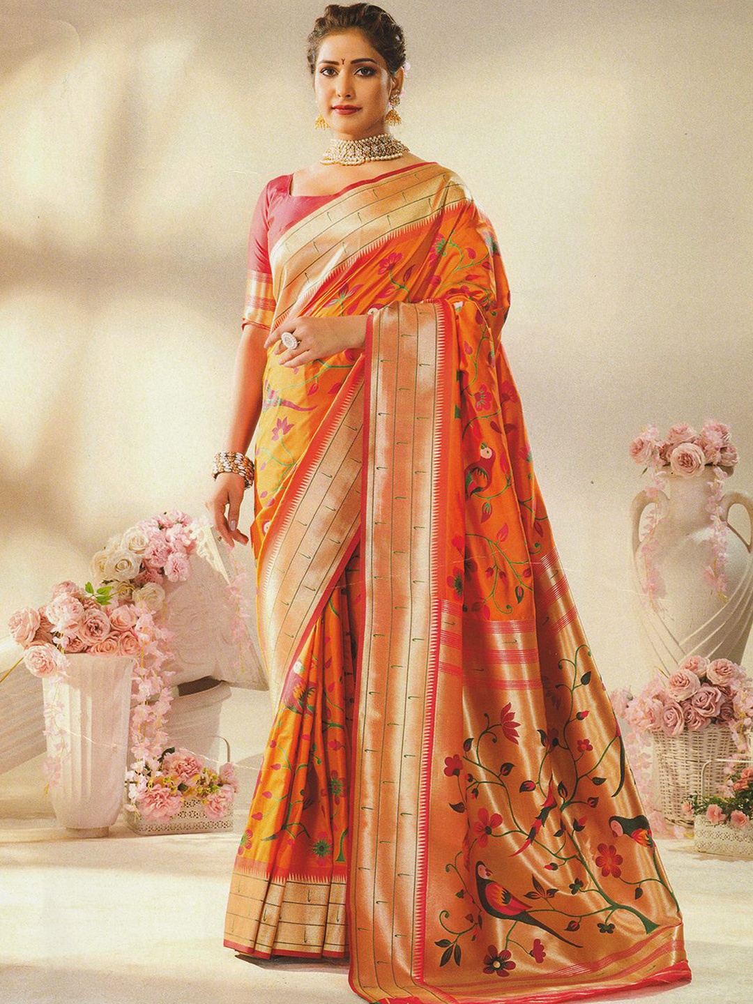 

Mitera Orange & Green Ethnic Motifs Woven Design Zari Art Silk Paithani Saree