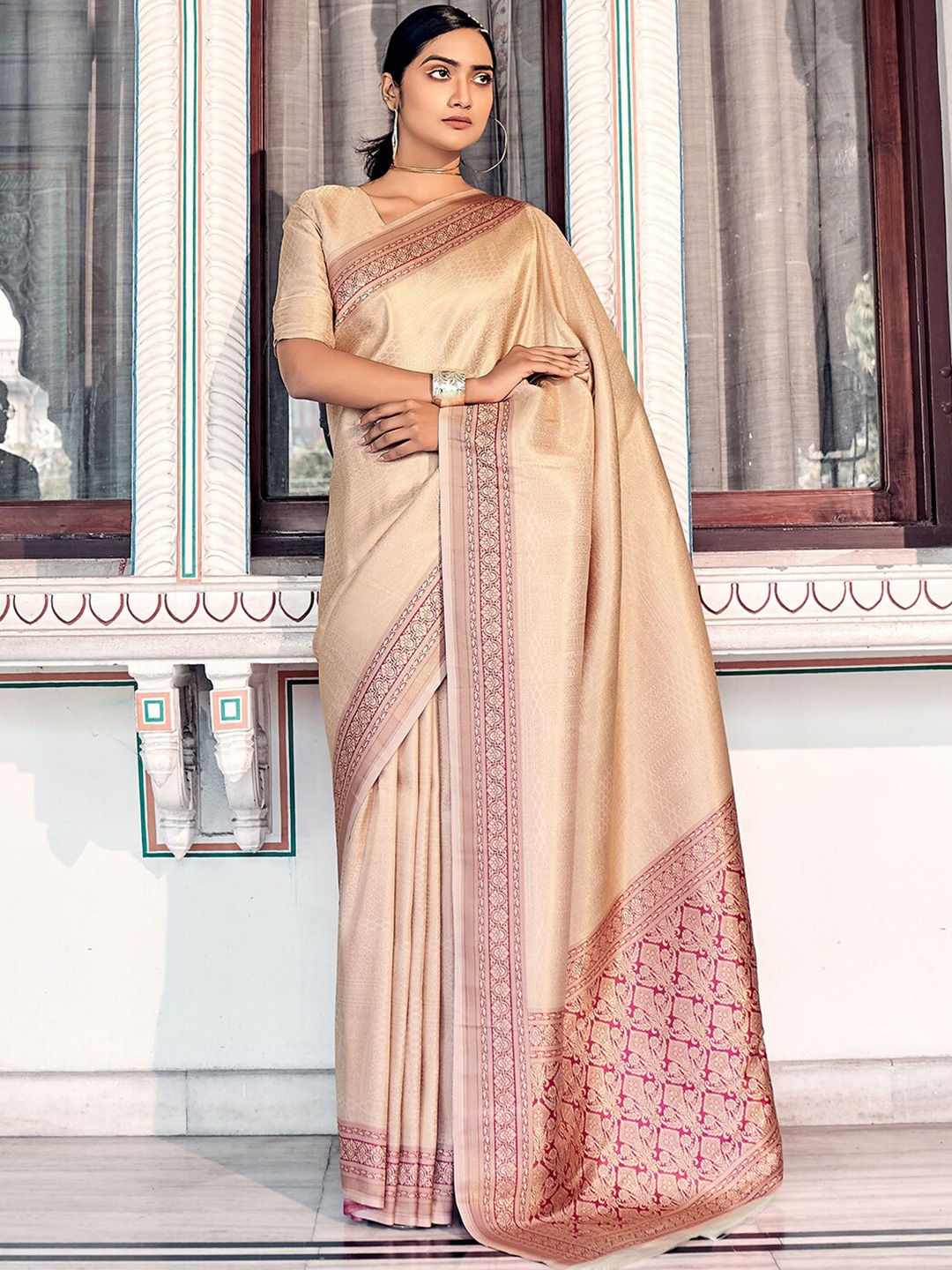 

Mitera Pink & Red Woven Design Zari Art Silk Kanjeevaram Saree
