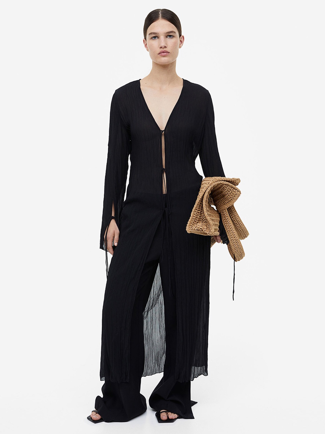 

H&M Pleated Tie-Front Dress, Black