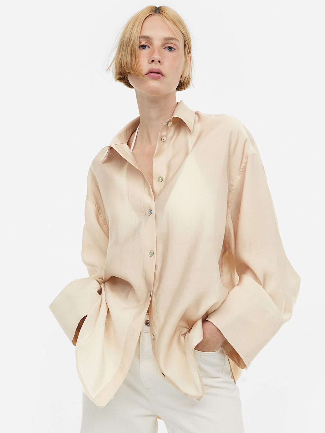 

H&M Oversized Lyocell Blend Shirt, Beige