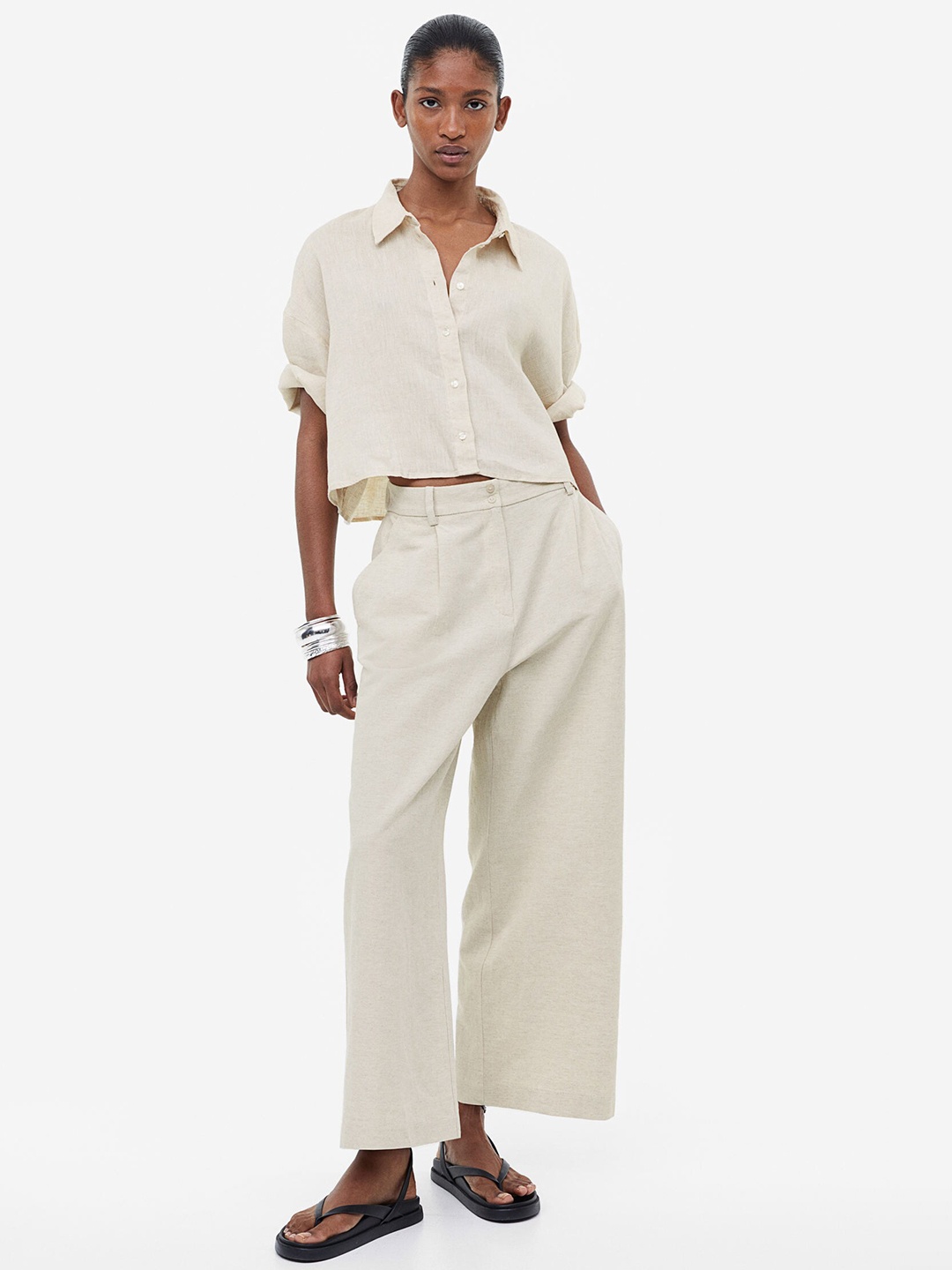 

H&M Women Linen-Blend Trousers, Beige