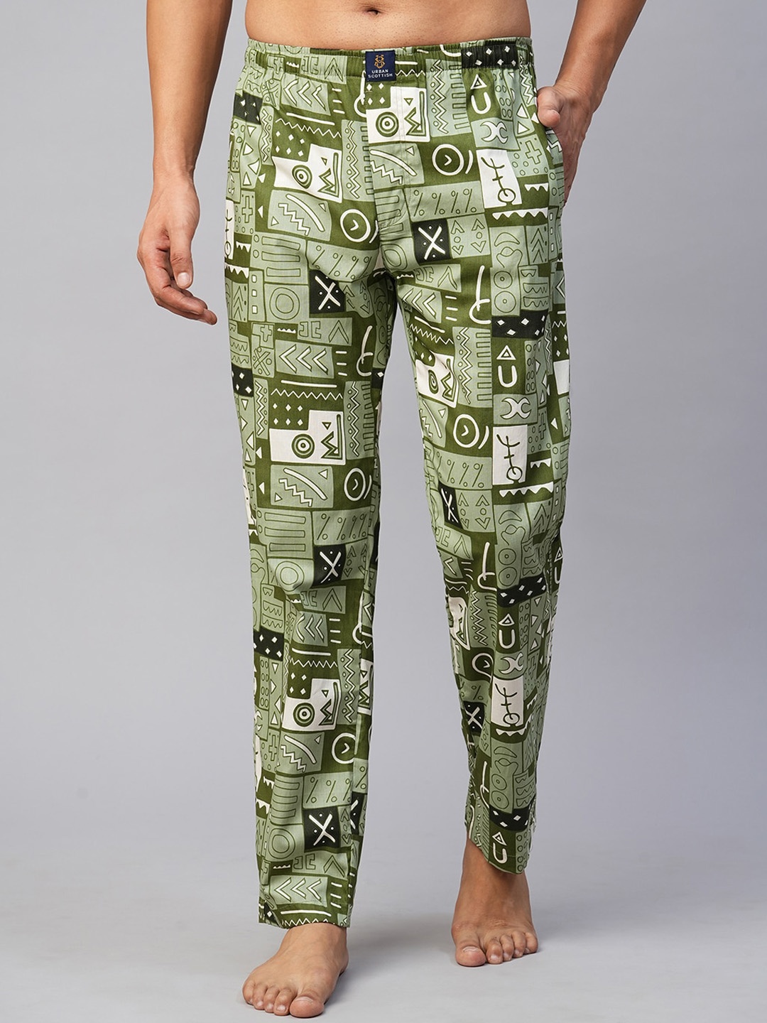 

URBAN SCOTTISH Men Printed Cotton Lounge Pants, Green