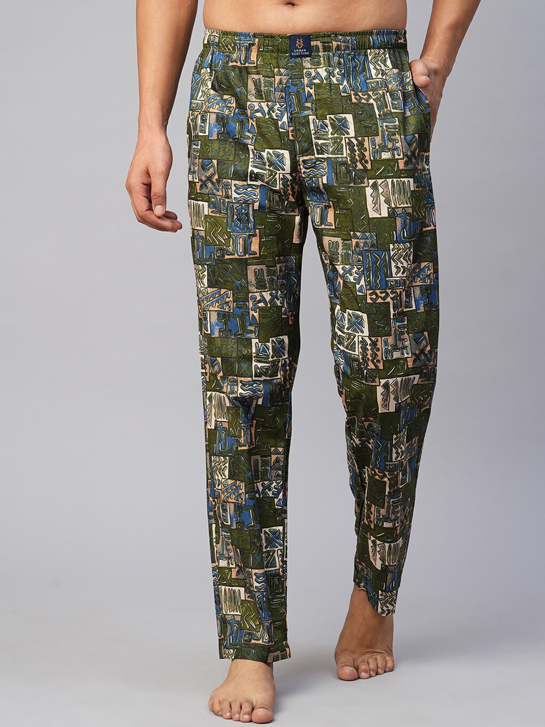 

URBAN SCOTTISH Men Printed Cotton Lounge Pants, Olive