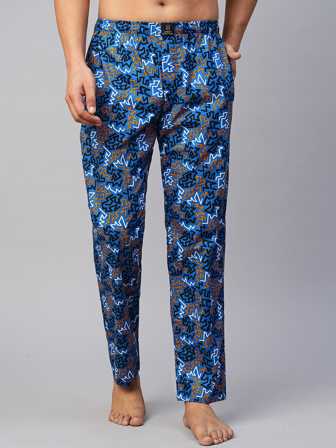 

URBAN SCOTTISH Men Geometric Printed Cotton Lounge Pants, Blue
