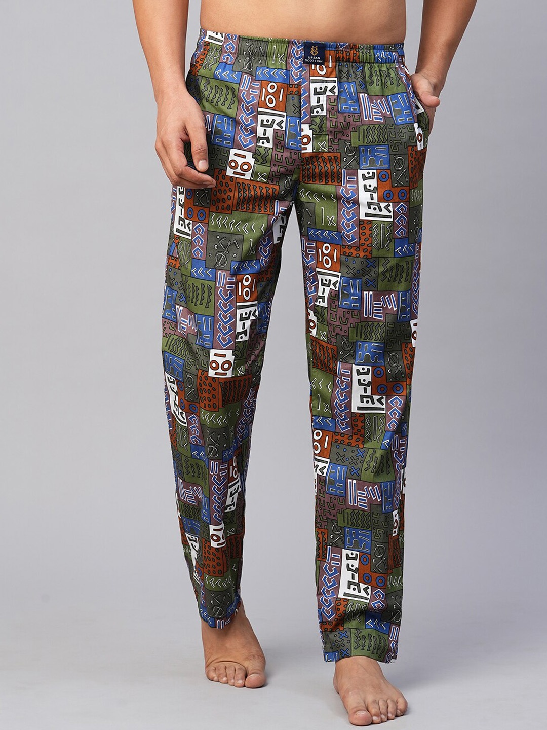 

URBAN SCOTTISH Men Geometric Printed Cotton Lounge Pants, Grey