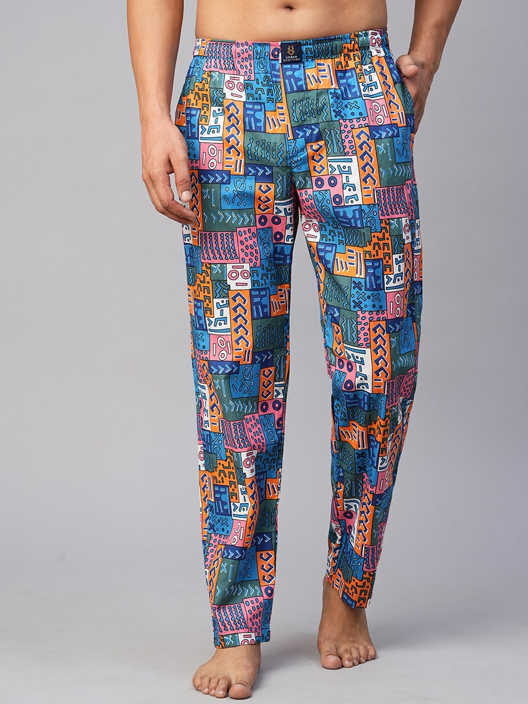 

URBAN SCOTTISH Men Geometric Printed Cotton Lounge Pants, Blue