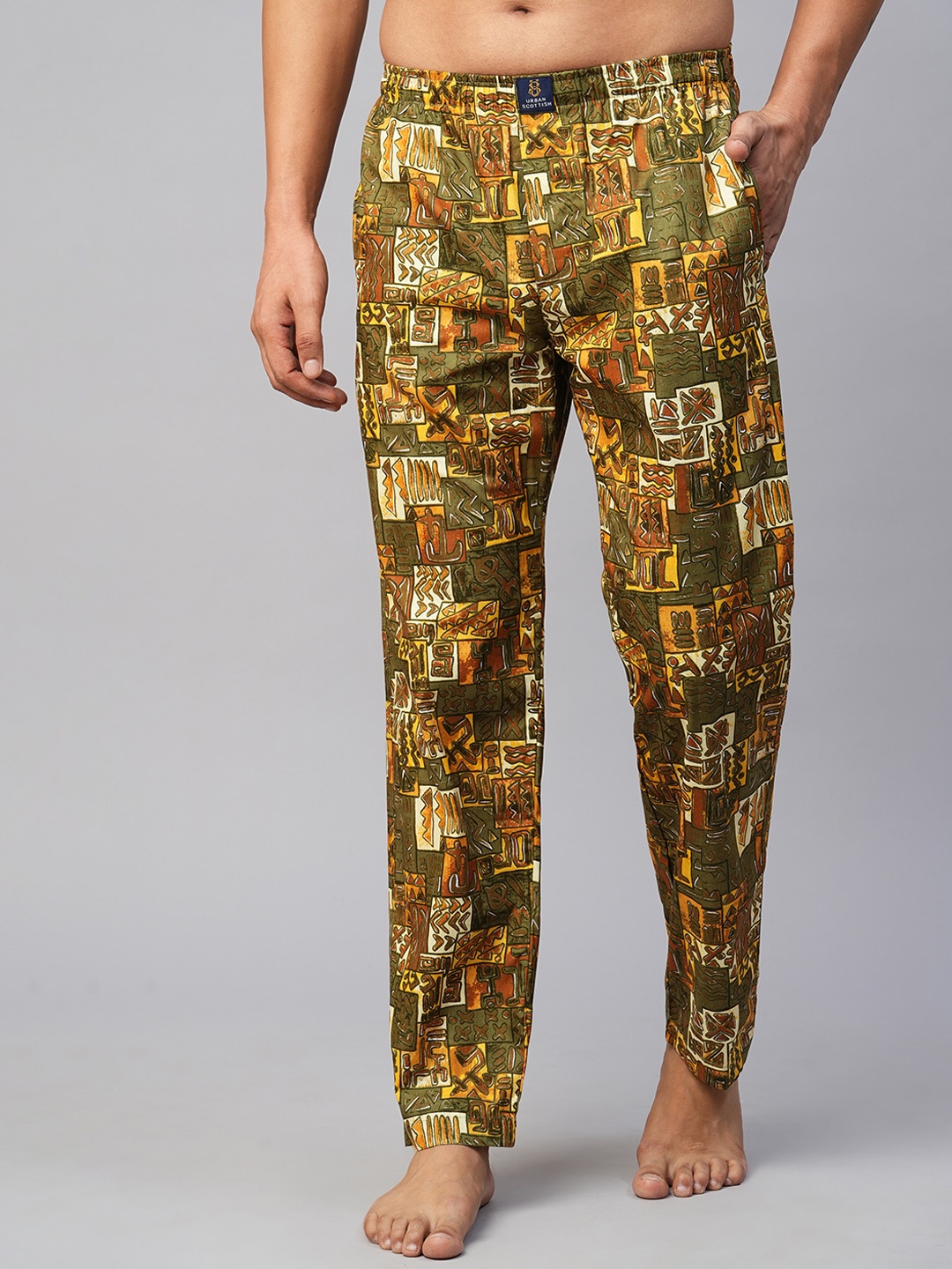 

URBAN SCOTTISH Men Geometric Printed Cotton Lounge Pants, Green
