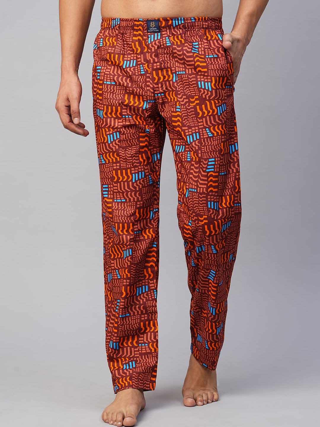 

URBAN SCOTTISH Men Mid-Rise Printed Cotton Lounge Pants, Maroon