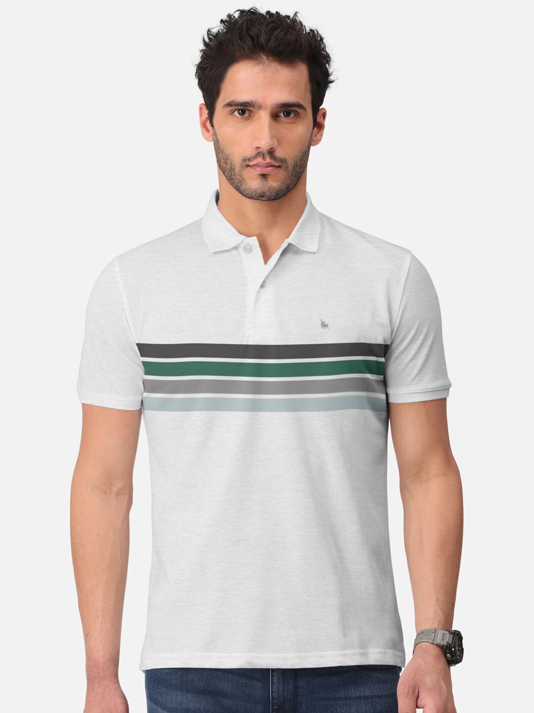 

BULLMER Striped Polo Collar Cotton T-shirt, White