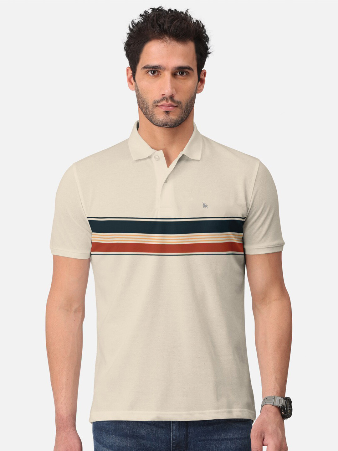 

BULLMER Striped Polo Collar Cotton T-shirt, Beige