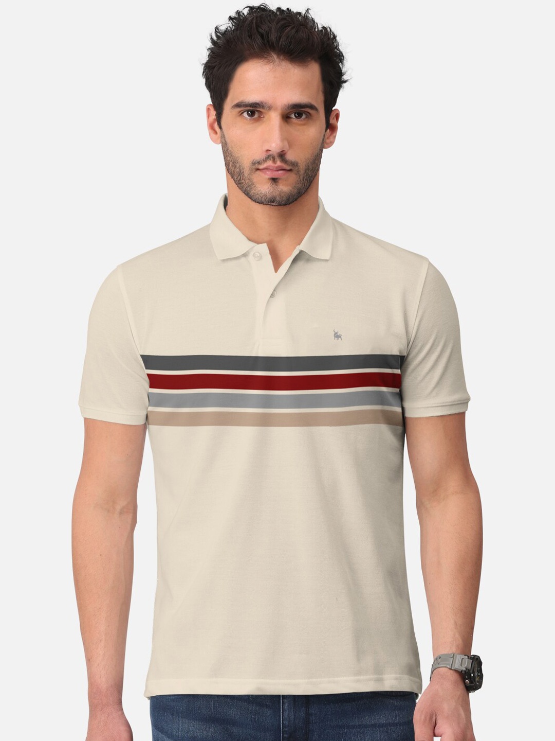 

BULLMER Striped Polo Collar Cotton T-shirt, Beige