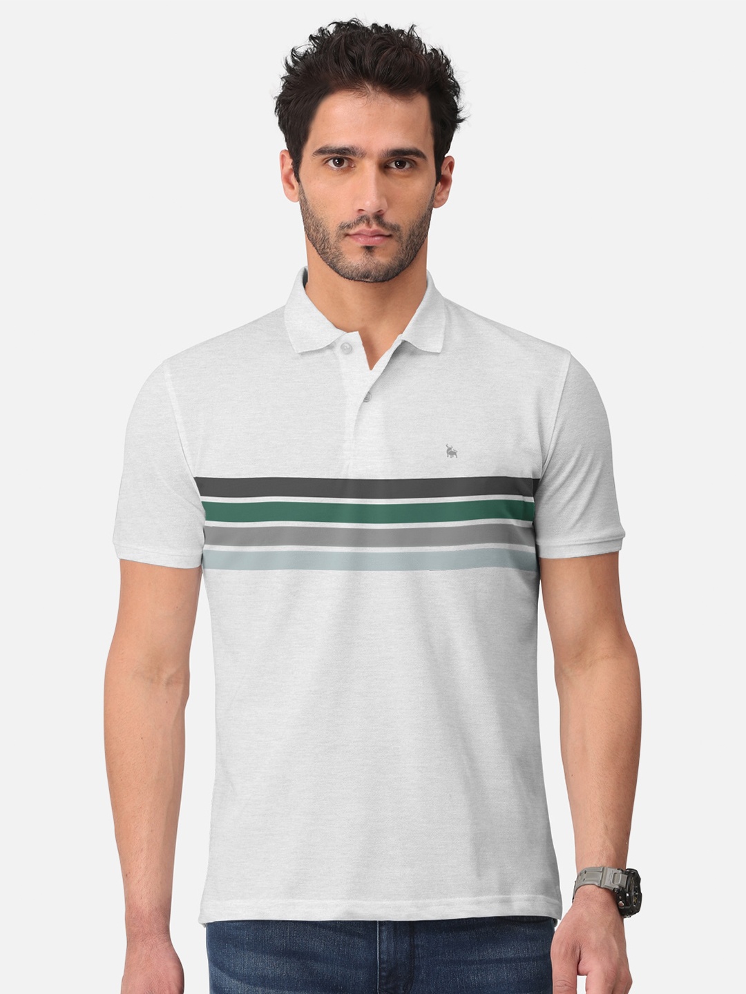 

BULLMER Striped Polo Collar Cotton T-shirt, White