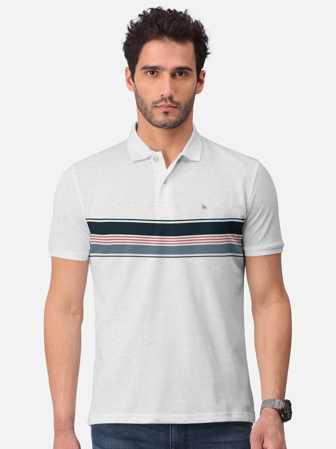 

BULLMER Striped Polo Collar Cotton T-shirt, White