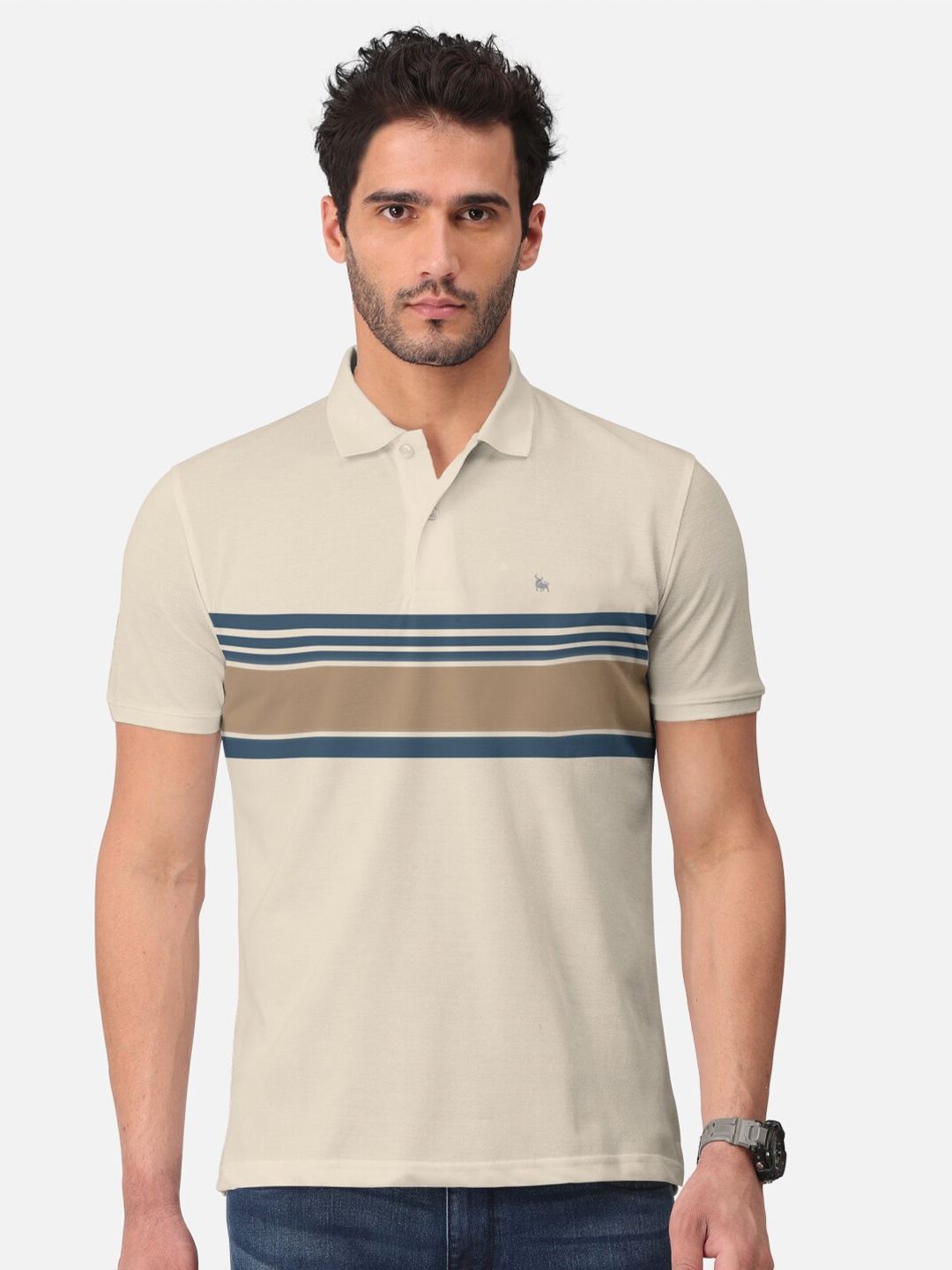 

BULLMER Striped Polo Collar Cotton T-shirt, Beige