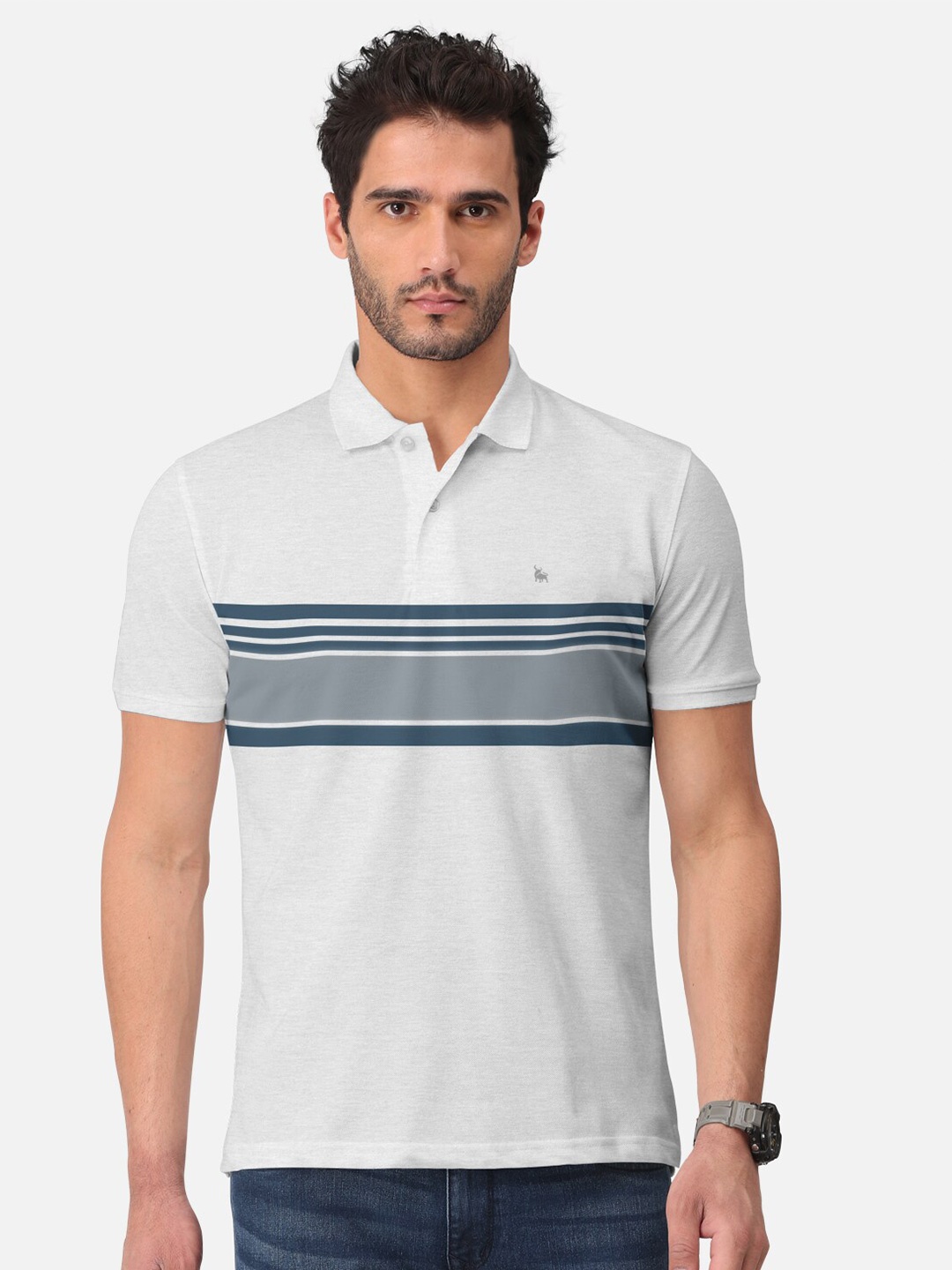 

BULLMER Striped Polo Collar Cotton T-shirt, Off white