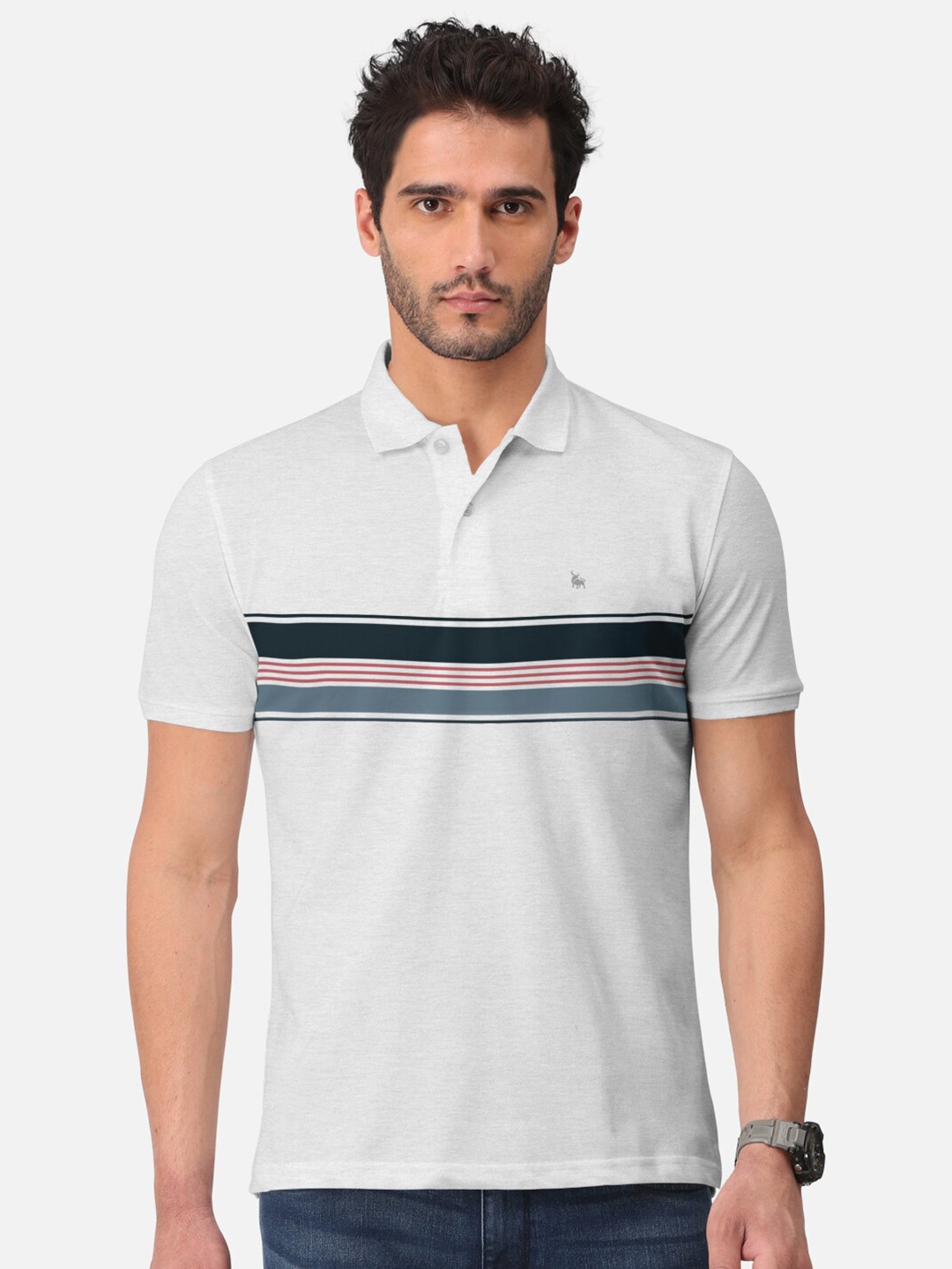 

BULLMER Striped Polo Collar Cotton T-shirt, Off white