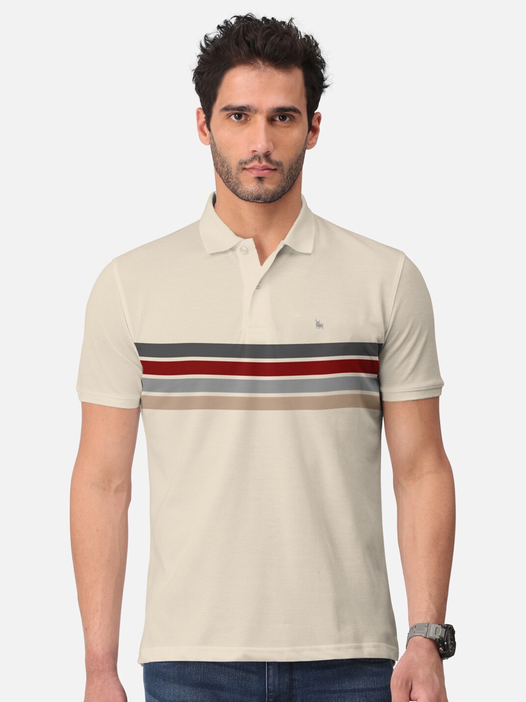 

BULLMER Striped Polo Collar Cotton T-shirt, Beige