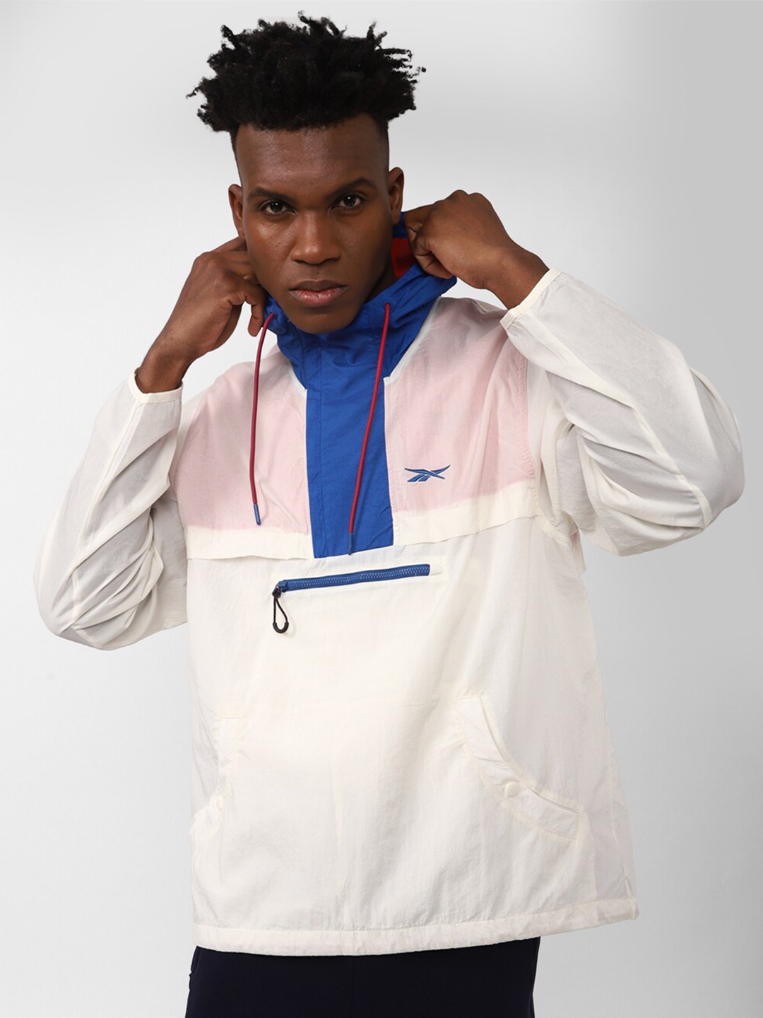 

Reebok Colourblocked Fitness TS LTWT Woven Anorak Hooded Jacket, White