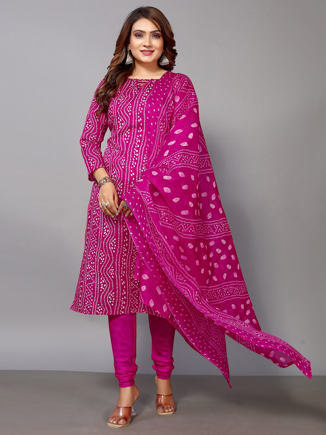 

KALINI Bandhani Printed Unstitched Dress Material, Pink