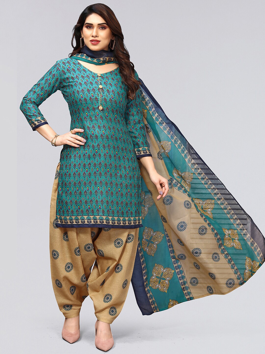 

KALINI Ethnic Motifs Printed Unstitched Dress Material, Green