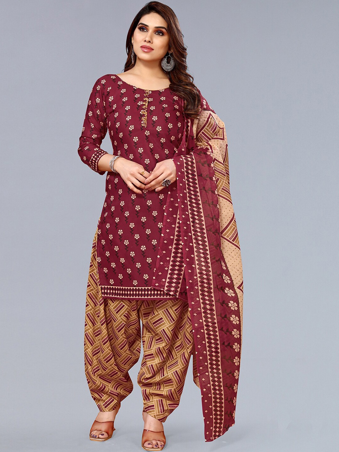 

KALINI Floral Printed Unstitched Dress Material, Maroon