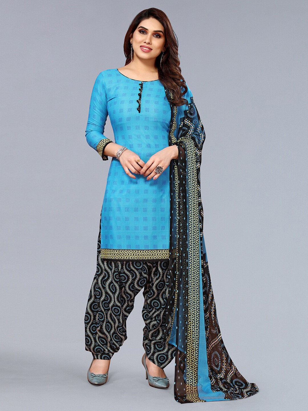 

KALINI Checked Printed Unstitched Dress Material, Turquoise blue