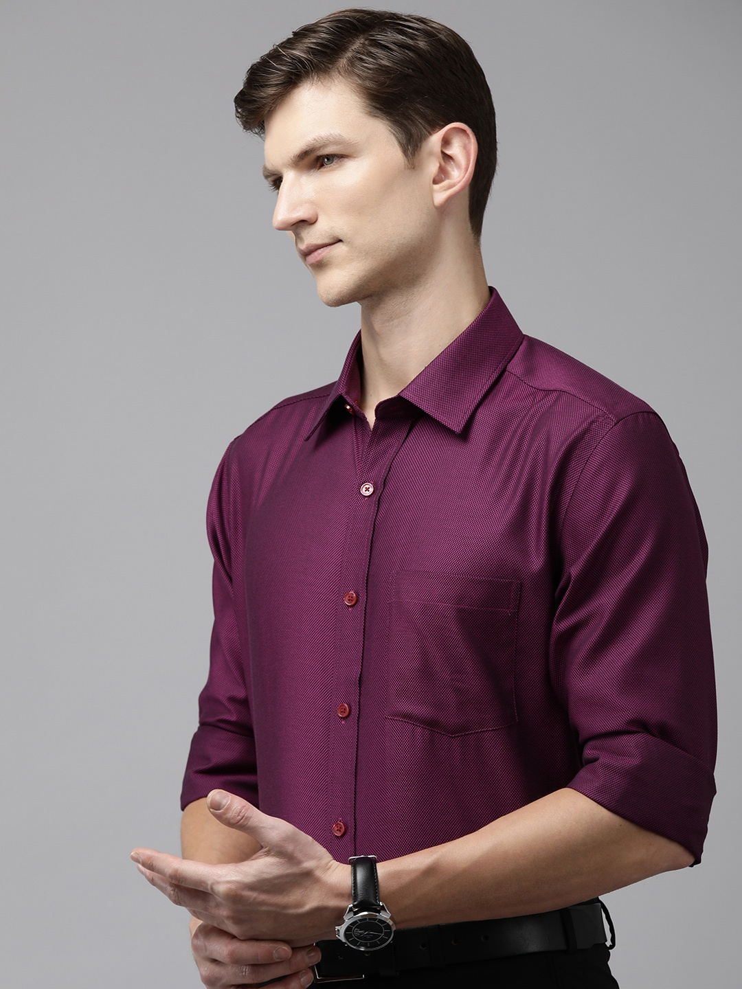 

Park Avenue Self Design Textured Pure Cotton Formal Shirt, Purple