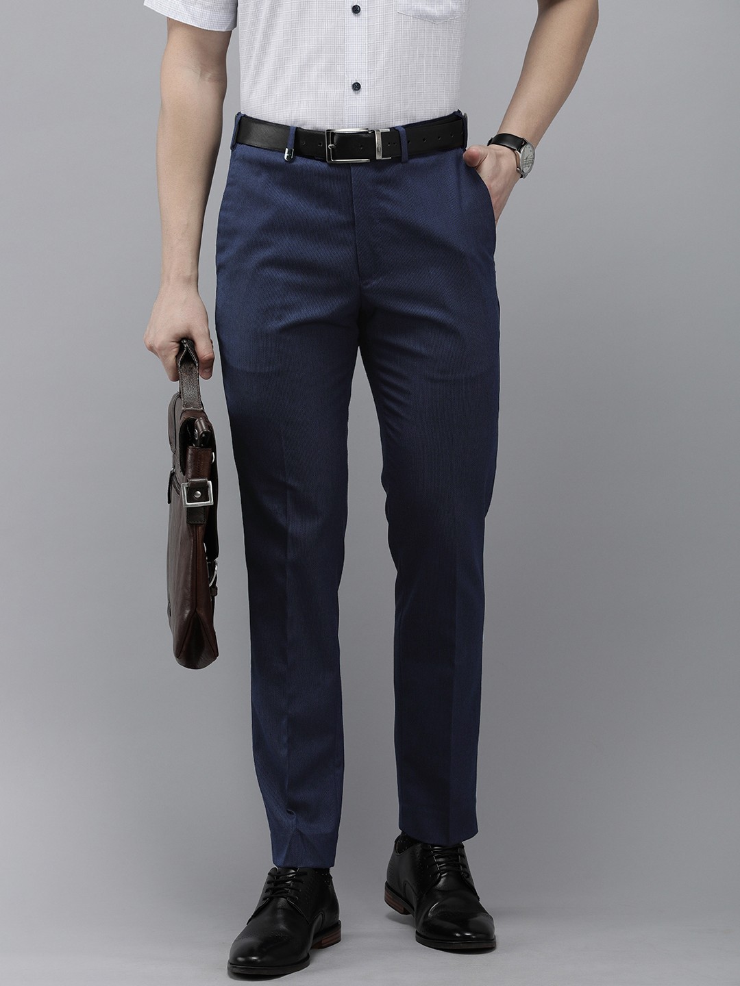 

Park Avenue Men Mid-Rise Self Design Formal Trousers, Navy blue
