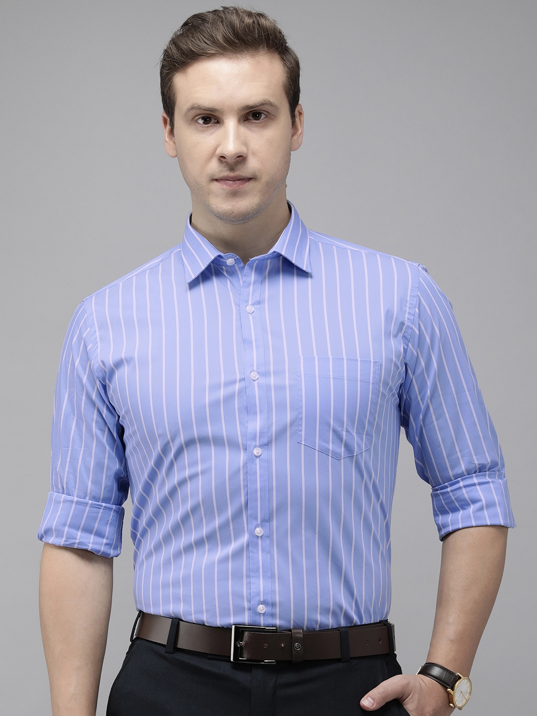 

Park Avenue Super Slim Fit Opaque Striped Formal Shirt, Blue