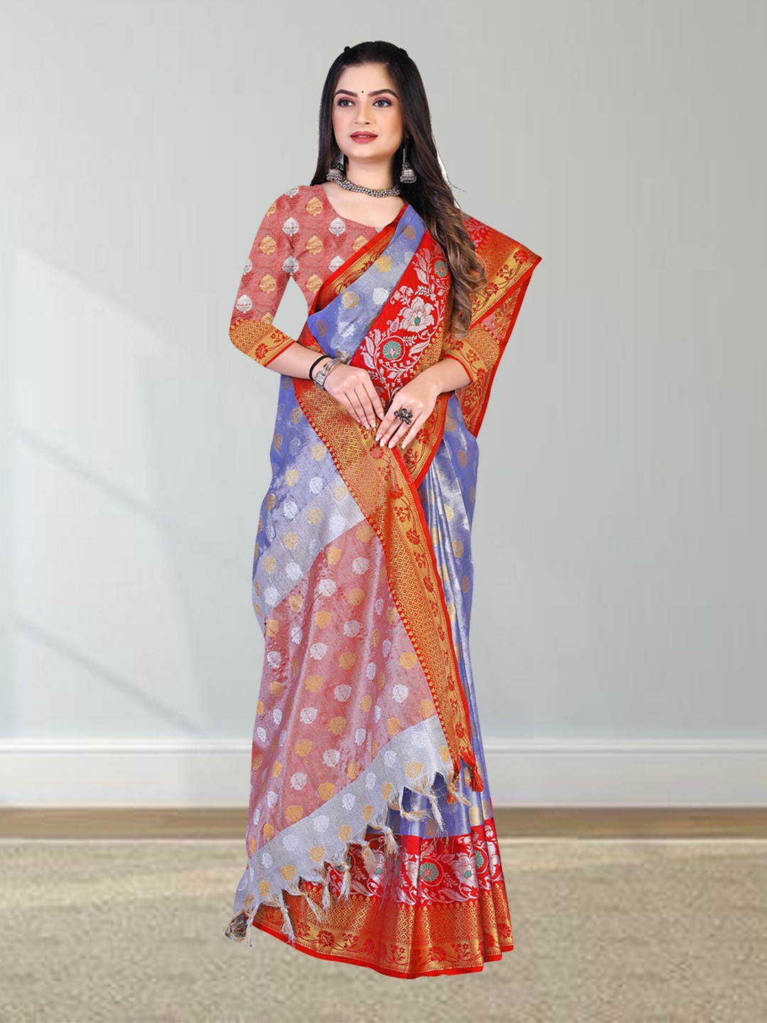 

N N ENTERPRISE Ethnic Motifs Woven Design Zari Silk Blend Kanjeevaram Saree, Blue