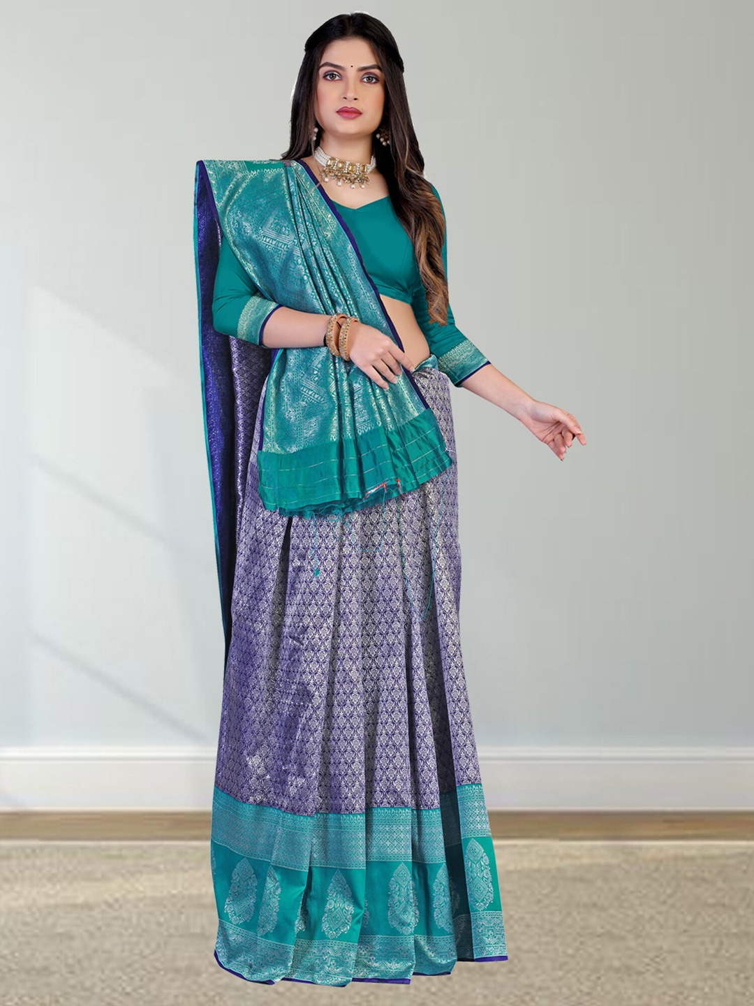 

N N ENTERPRISE Woven Design Zari Silk Blend Kanjeevaram Saree, Blue