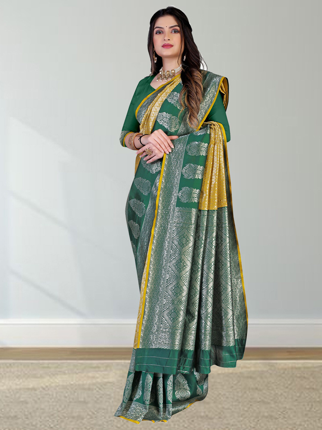 

N N ENTERPRISE Ethnic Woven Design Zari Kanjeevaram Saree, Yellow