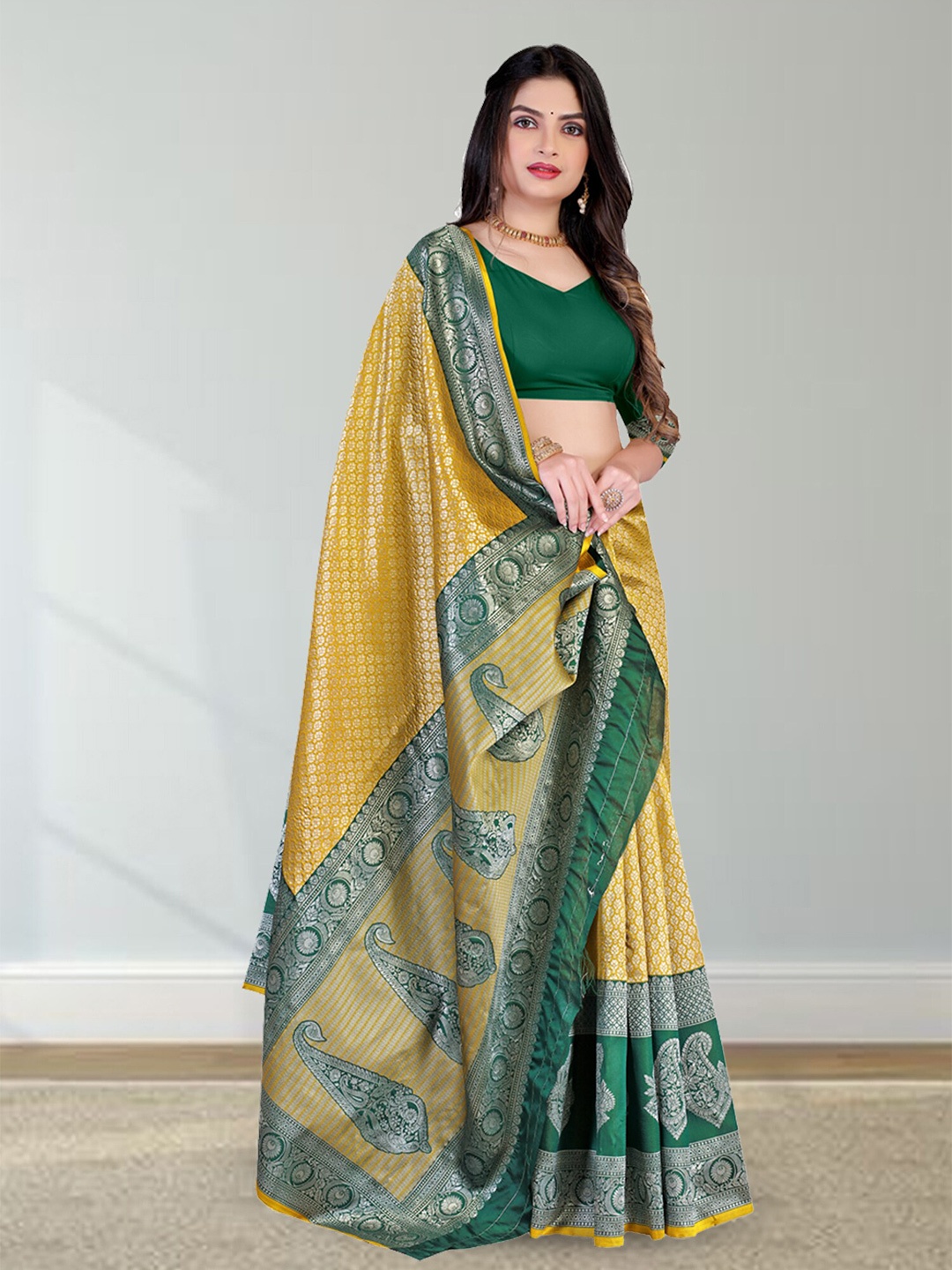 

N N ENTERPRISE Woven Design Zari Silk Blend Kanjeevaram Saree, Yellow