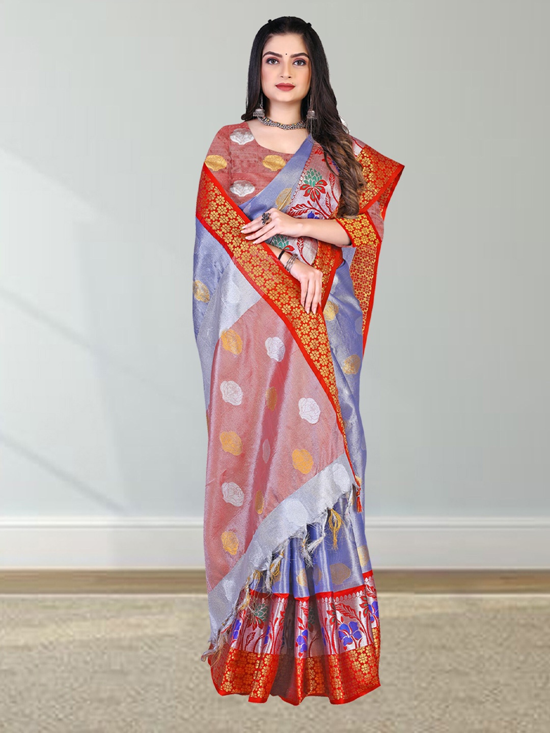 

N N ENTERPRISE Woven Design Zari Silk Blend Kanjeevaram Saree, Blue