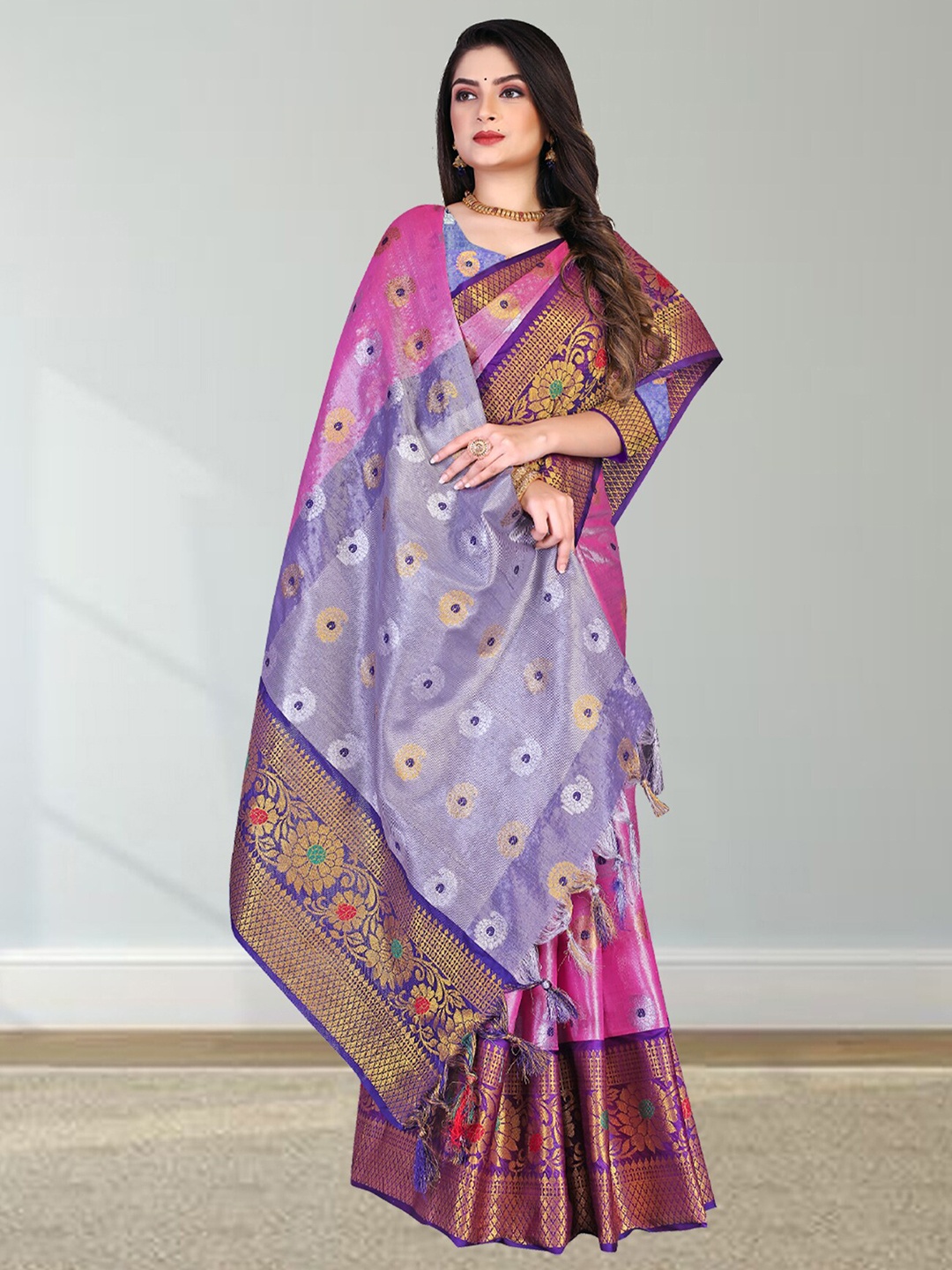 

N N ENTERPRISE Ethnic Motifs Woven Design Zari Silk Blend Kanjeevaram Saree, Purple