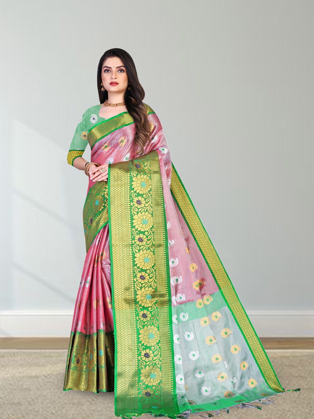 

N N ENTERPRISE Woven Design Zari Silk Blend Kanjeevaram Saree, Pink