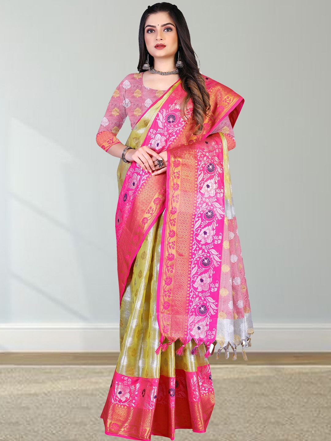 

N N ENTERPRISE Woven Design Zari Silk Blend Kanjeevaram Saree, Yellow