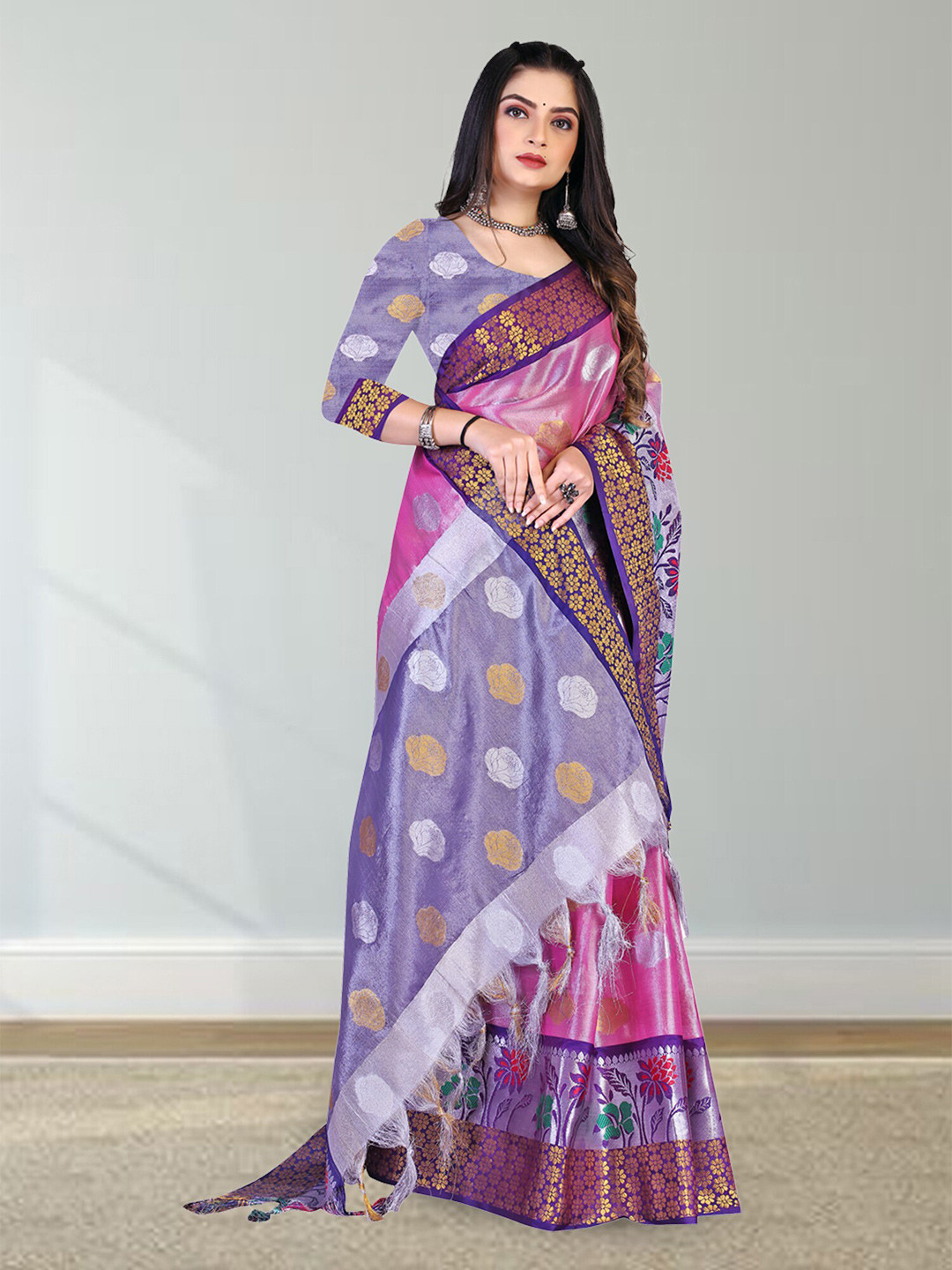 

N N ENTERPRISE Woven Design Zari Silk Blend Kanjeevaram Saree, Pink