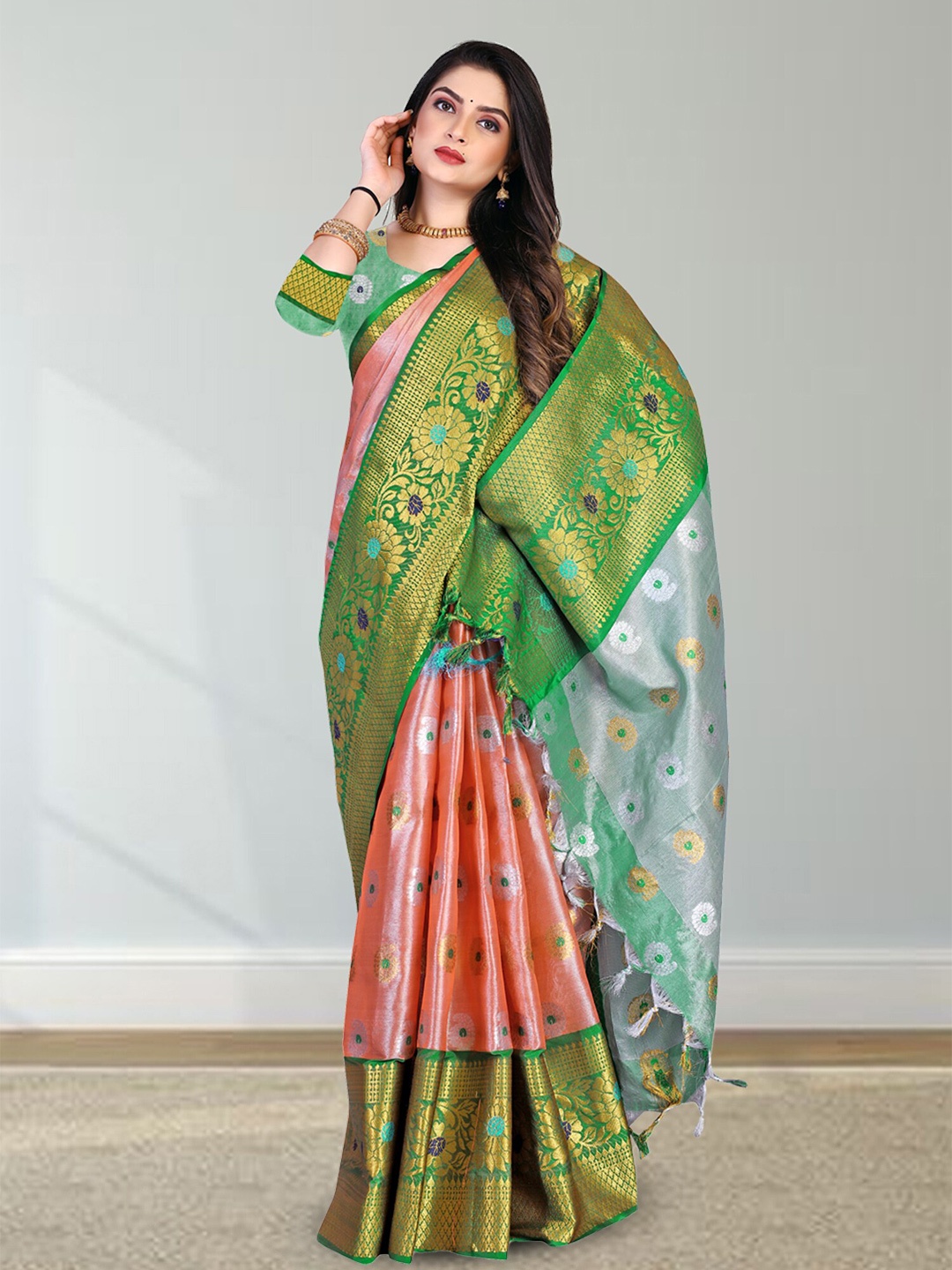 

N N ENTERPRISE Paisley Woven Design Zari Kanjeevaram Saree, Peach