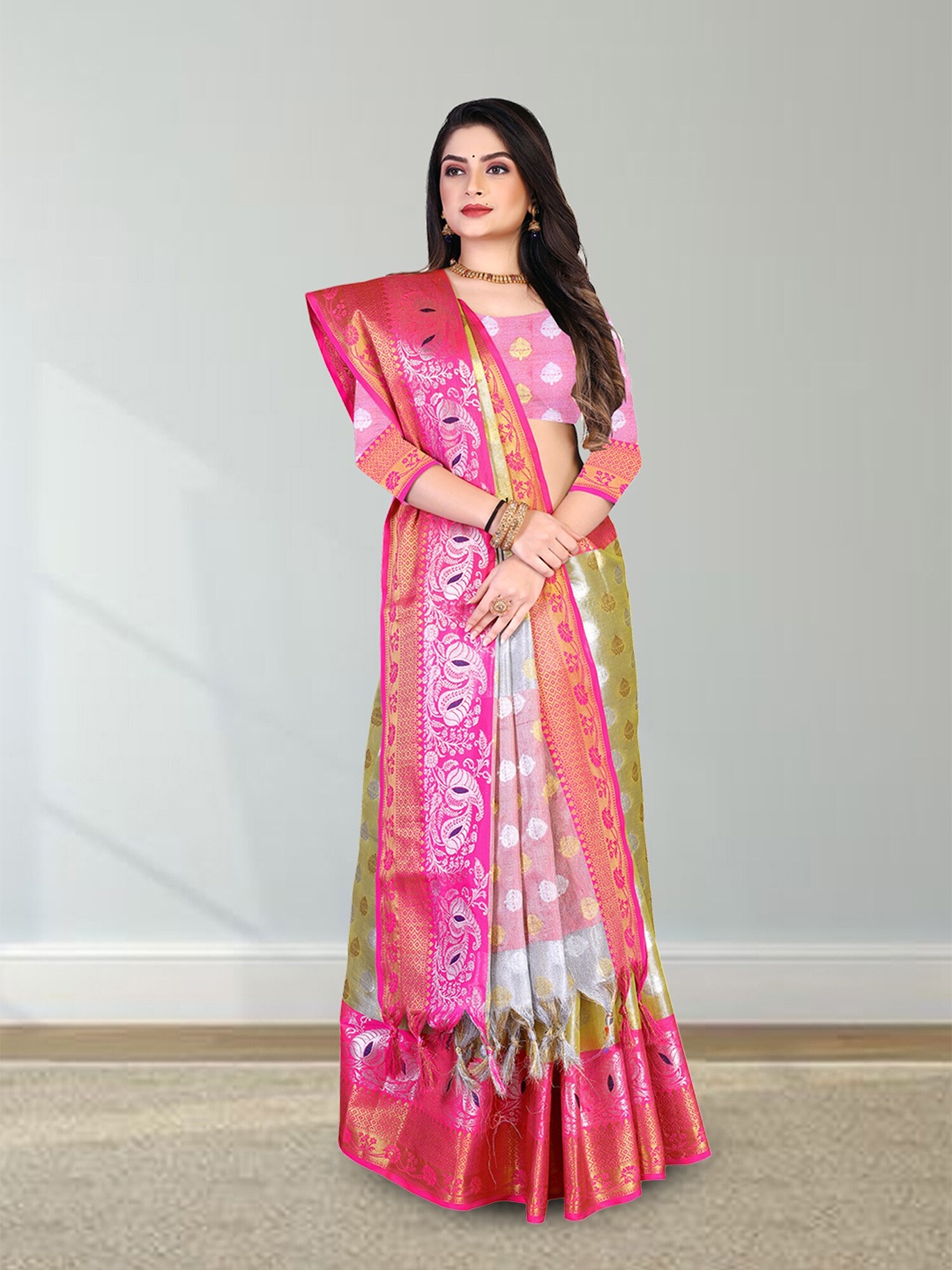 

N N ENTERPRISE Ethnic Woven Design Zari Kanjeevaram Saree, Yellow