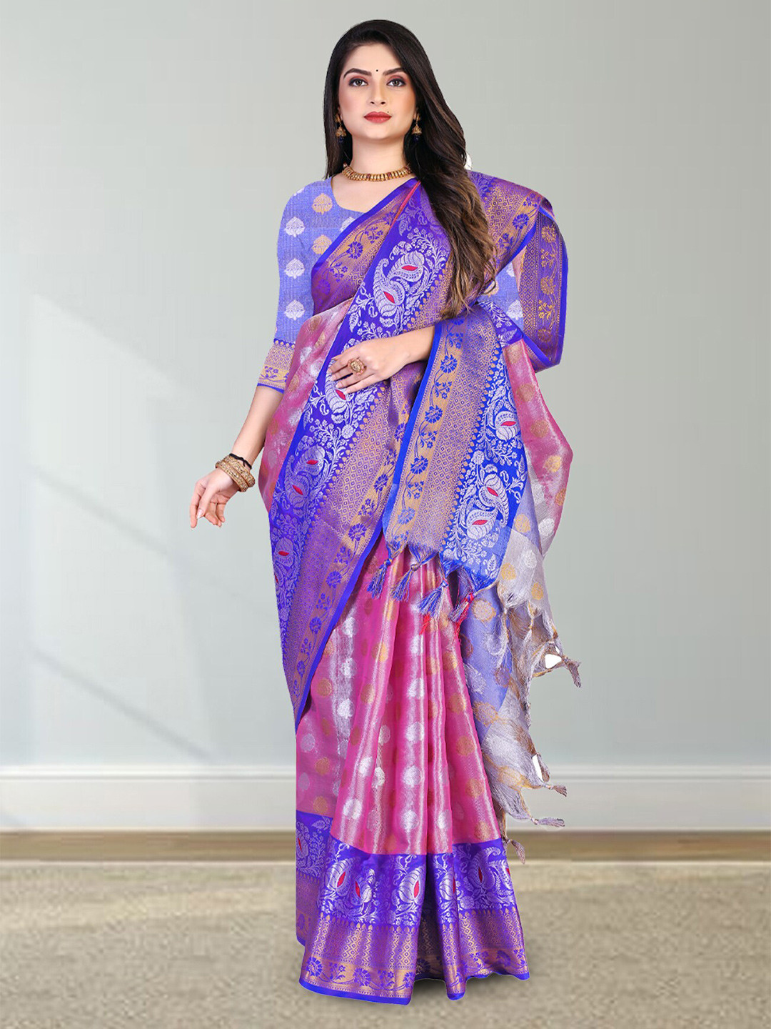 

N N ENTERPRISE Ethnic Woven Design Zari Kanjeevaram Saree, Pink
