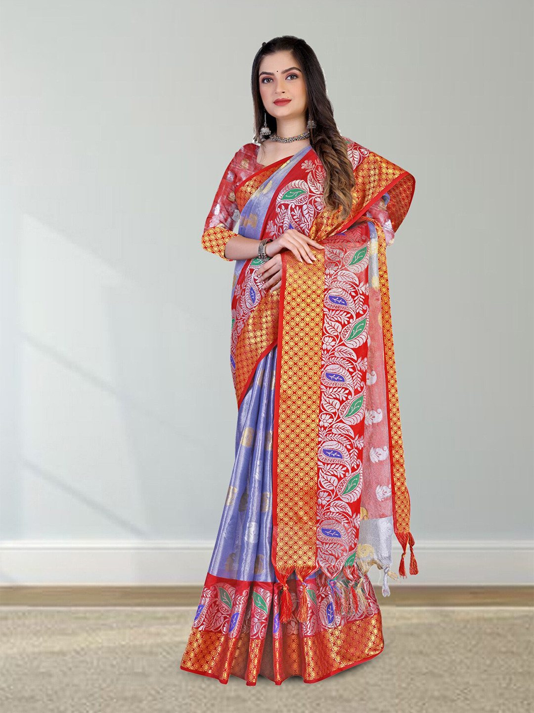 

N N ENTERPRISE Woven Design Zari Silk Blend Kanjeevaram Saree, Blue