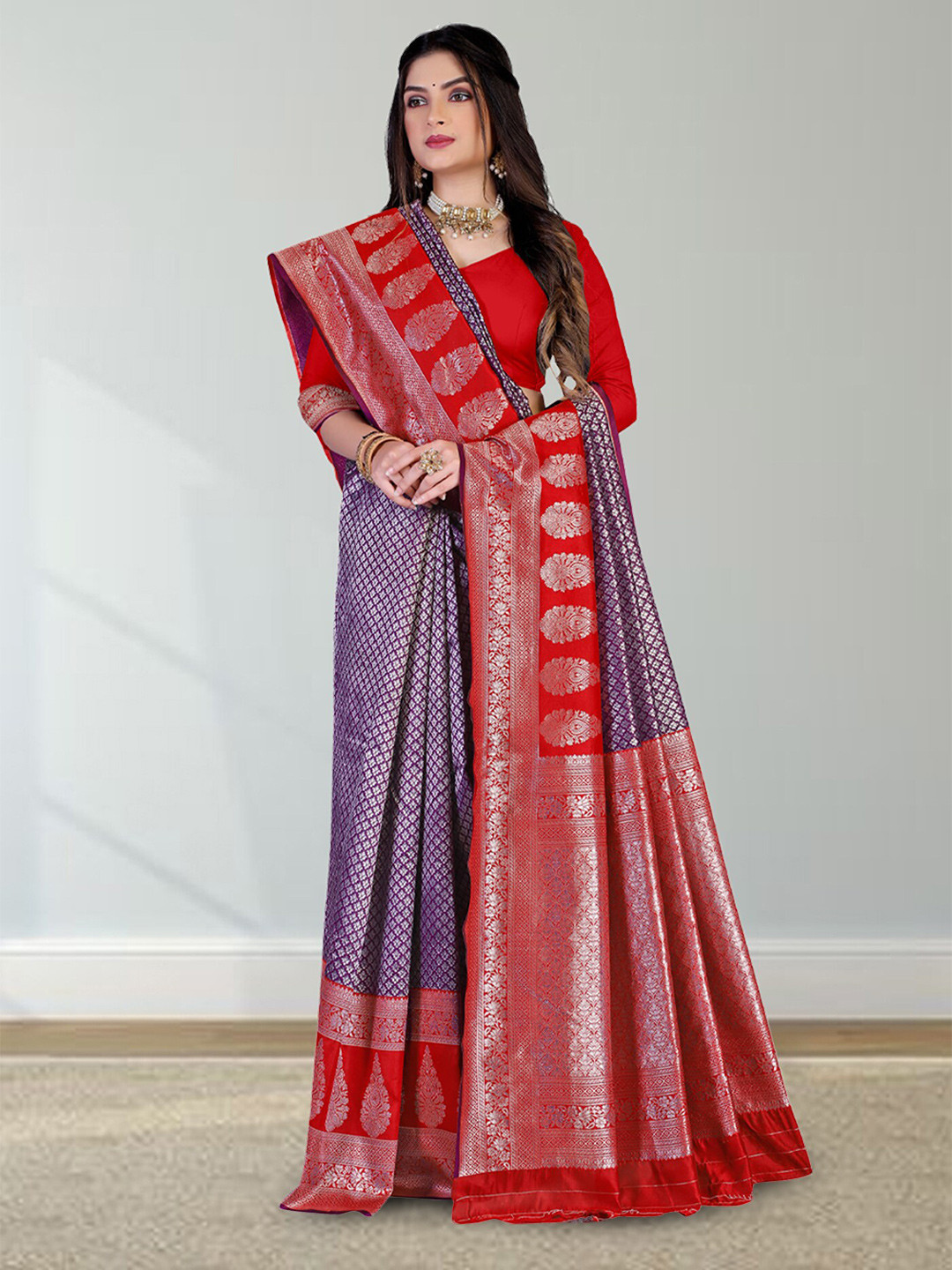 

N N ENTERPRISE Ethnic Motifs Woven Design Zari Silk Blend Kanjeevaram Saree, Purple