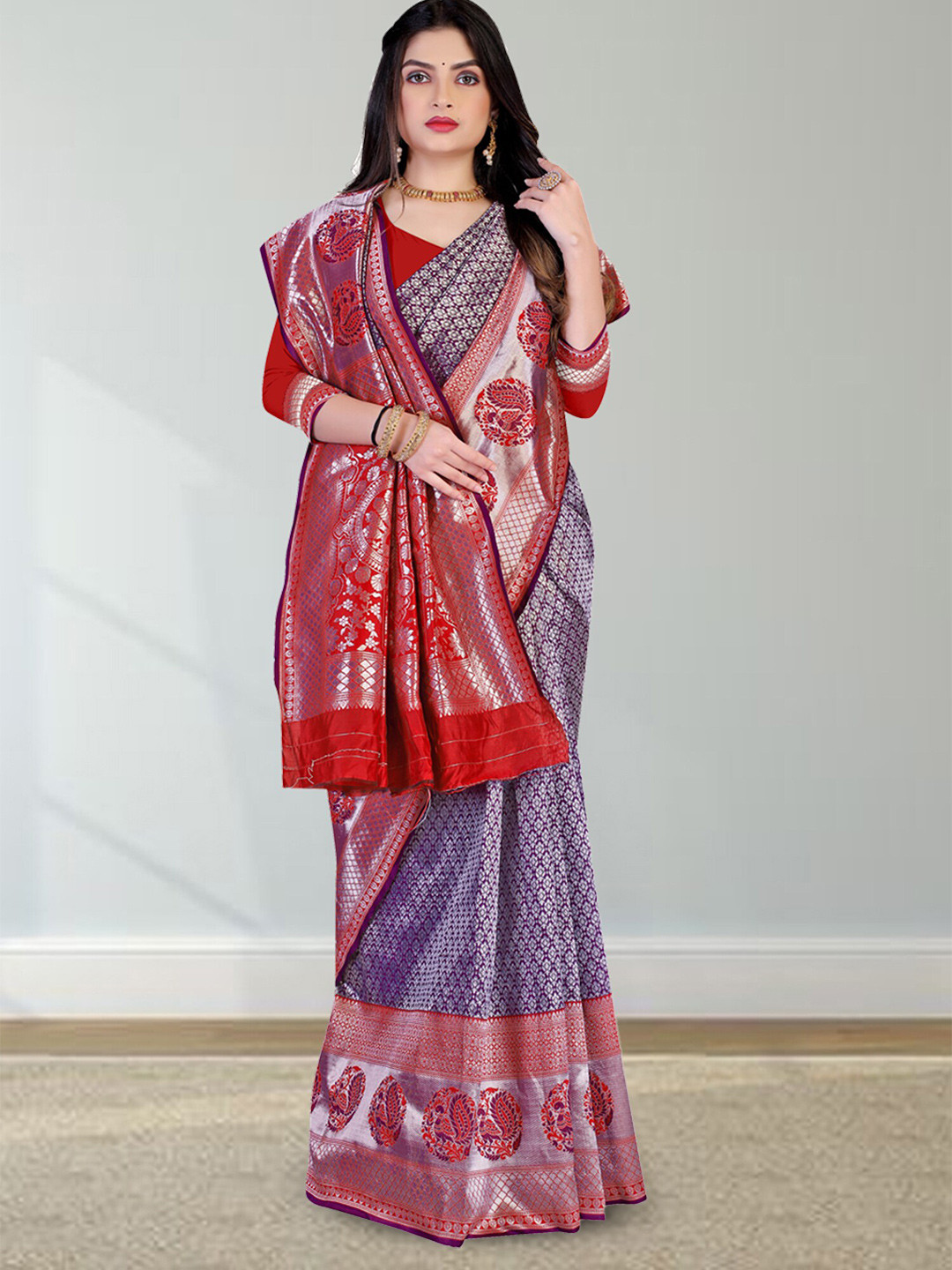 

N N ENTERPRISE Ethnic Motifs Woven Design Zari Silk Blend Kanjeevaram Saree, Purple