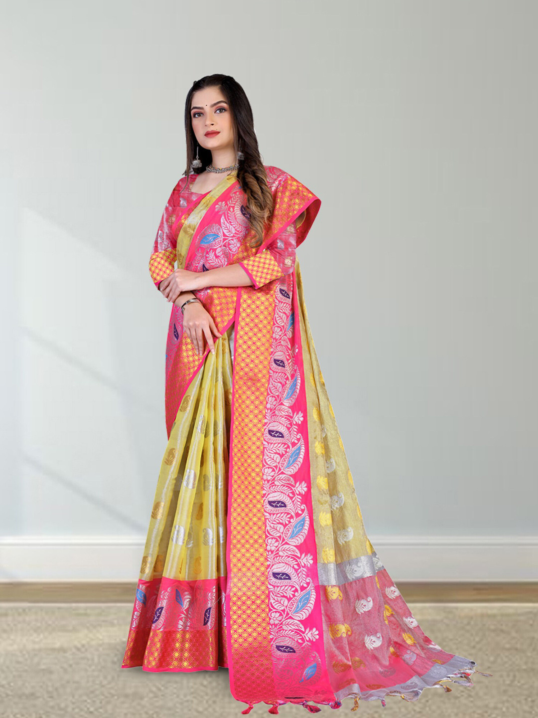

N N ENTERPRISE Woven Design Zari Silk Blend Kanjeevaram Saree, Yellow